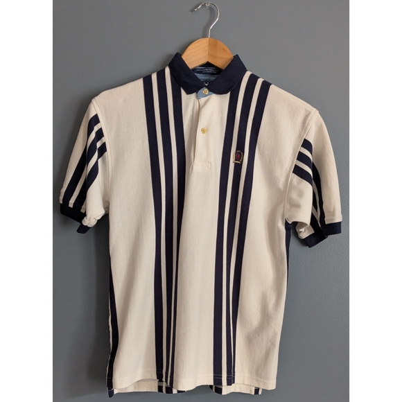 ❤️ Blue and White Striped Polo Shirt with Retro Design - Picture 1 of 14